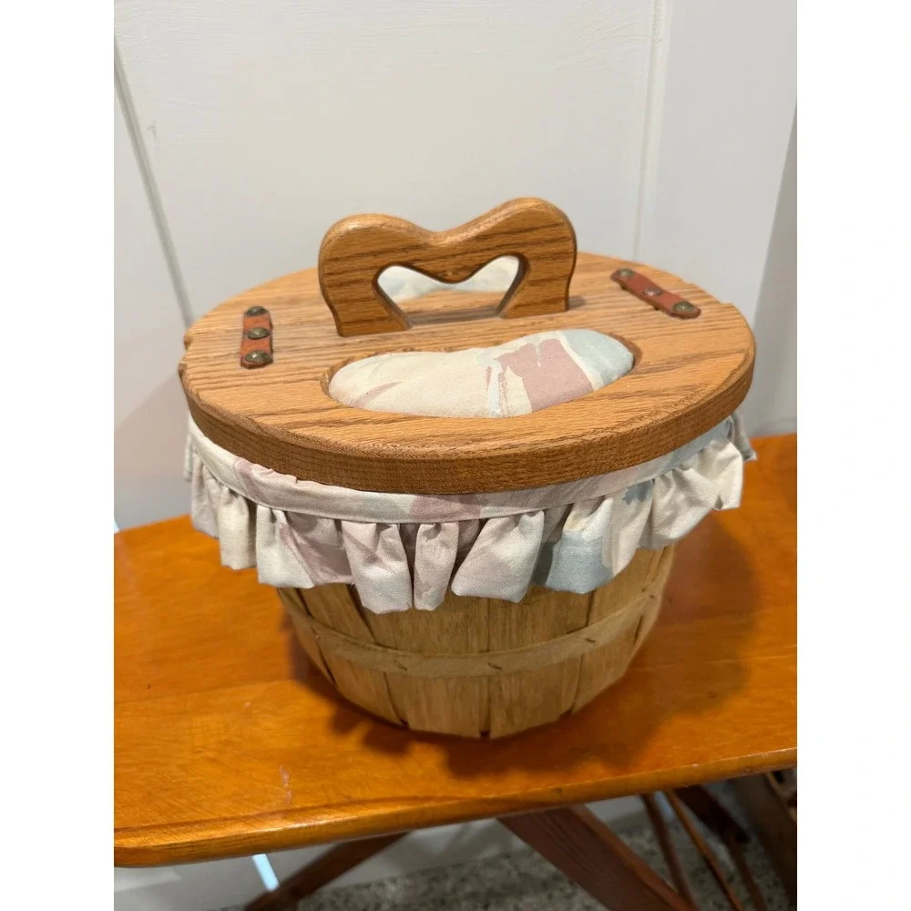 Vintage D. & J. Crafts Oak Wood Bushel Sewing Basket Heart Handle Pincushion Lid